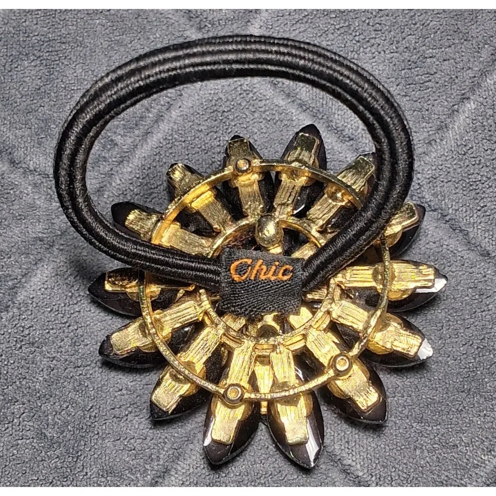 Chic Smoky Brown Glitter Flower Crystal Hair Tie Ponytail Holder Gold Tone Base